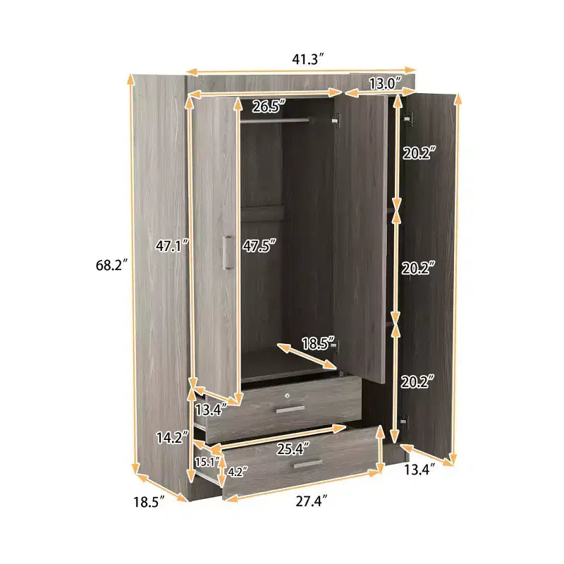 Armoire Whisen Wood à 3 portes avec tringle à vêtements, 2 tiroirs et étagères de rangement
