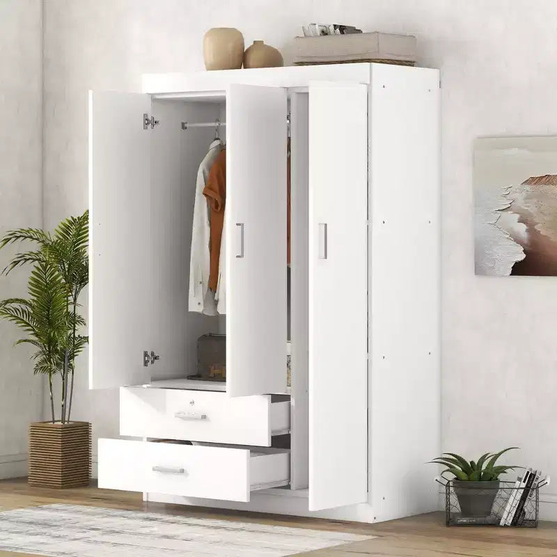 Armoire Whisen Wood à 3 portes avec tringle à vêtements, 2 tiroirs et étagères de rangement