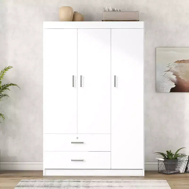 Armoire Whisen Wood à 3 portes avec tringle à vêtements, 2 tiroirs et étagères de rangement