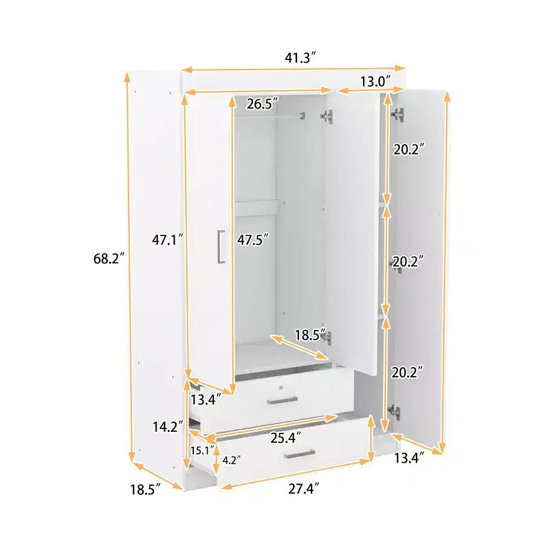 Armoire Whisen Wood à 3 portes avec tringle à vêtements, 2 tiroirs et étagères de rangement