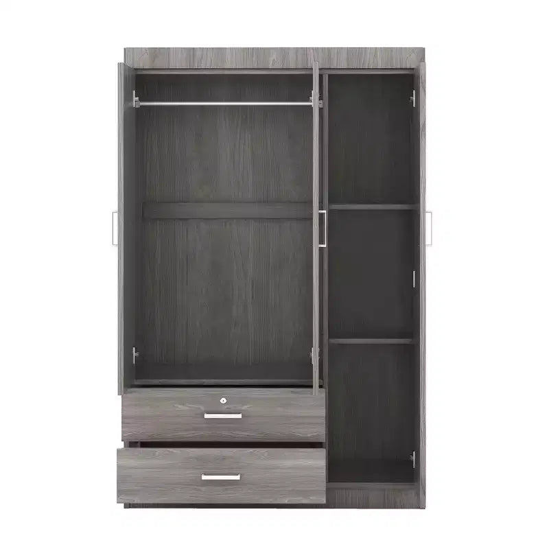 Armoire Whisen Wood à 3 portes avec tringle à vêtements, 2 tiroirs et étagères de rangement