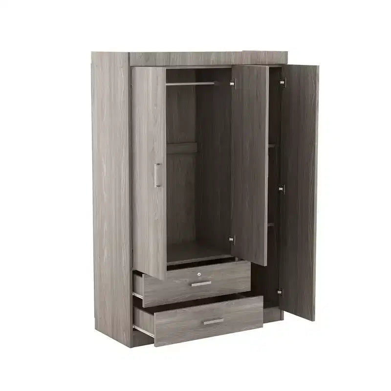 Armoire Whisen Wood à 3 portes avec tringle à vêtements, 2 tiroirs et étagères de rangement
