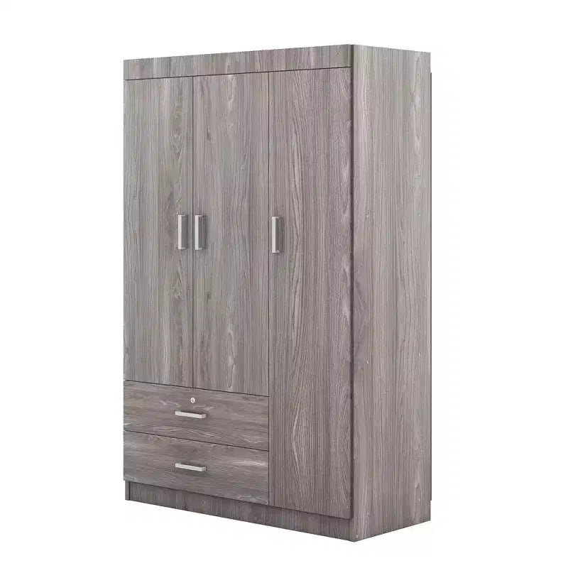 Armoire Whisen Wood à 3 portes avec tringle à vêtements, 2 tiroirs et étagères de rangement