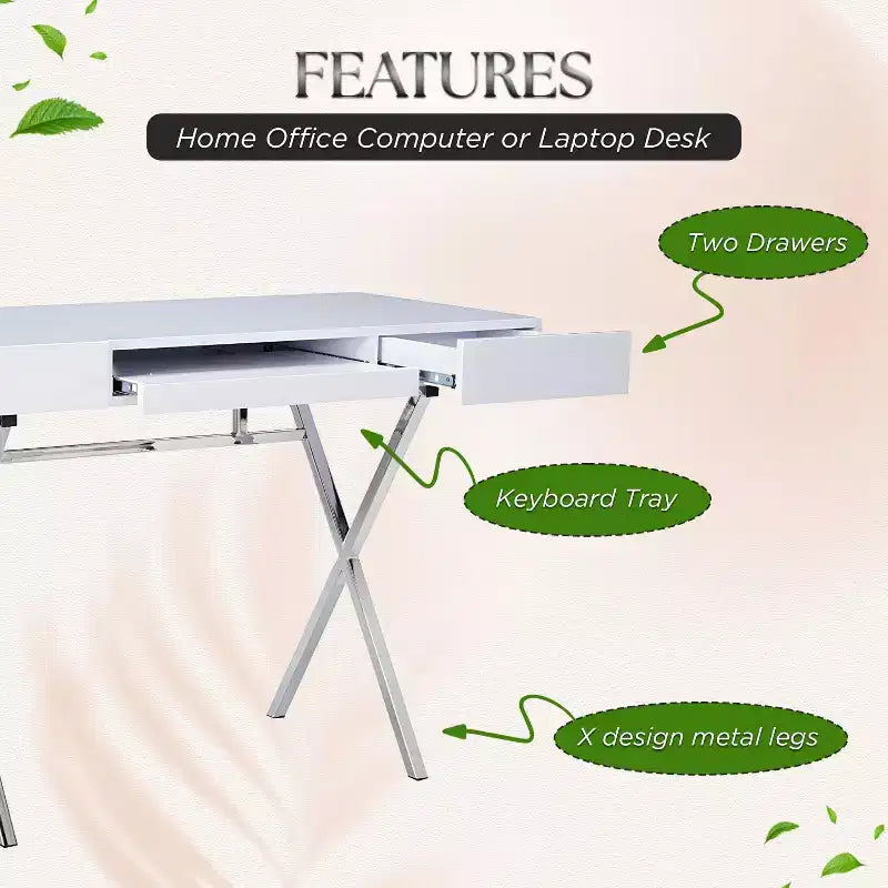 Kings Brand Furniture Logan Bureau à domicile avec tiroirs, tablette coulissante pour clavier et pieds en X – Bureau d'ordinateur, Bureau d'écriture, Bureau