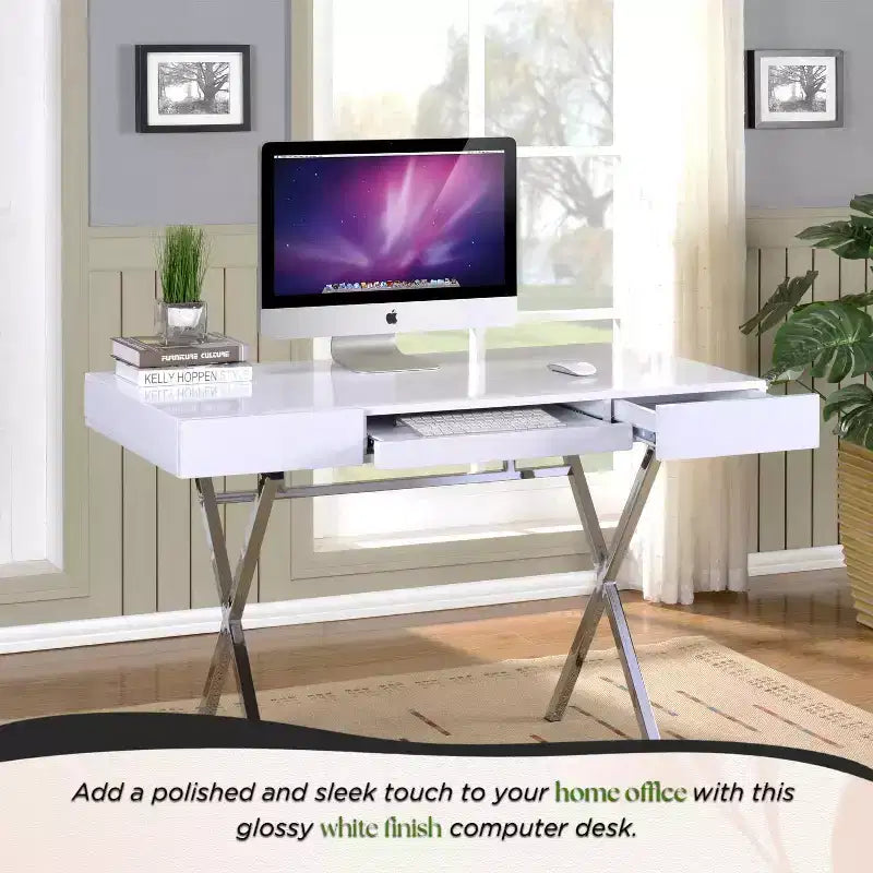 Kings Brand Furniture Logan Bureau à domicile avec tiroirs, tablette coulissante pour clavier et pieds en X – Bureau d'ordinateur, Bureau d'écriture, Bureau