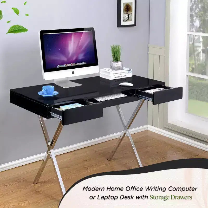Kings Brand Furniture Logan Bureau à domicile avec tiroirs, tablette coulissante pour clavier et pieds en X – Bureau d'ordinateur, Bureau d'écriture, Bureau