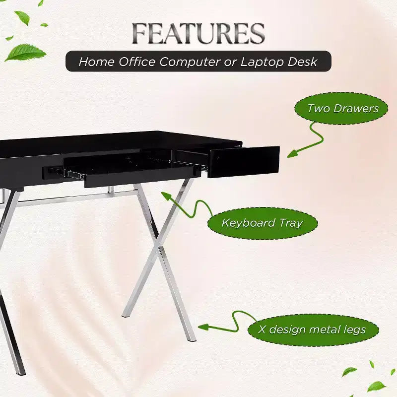 Kings Brand Furniture Logan Bureau à domicile avec tiroirs, tablette coulissante pour clavier et pieds en X – Bureau d'ordinateur, Bureau d'écriture, Bureau