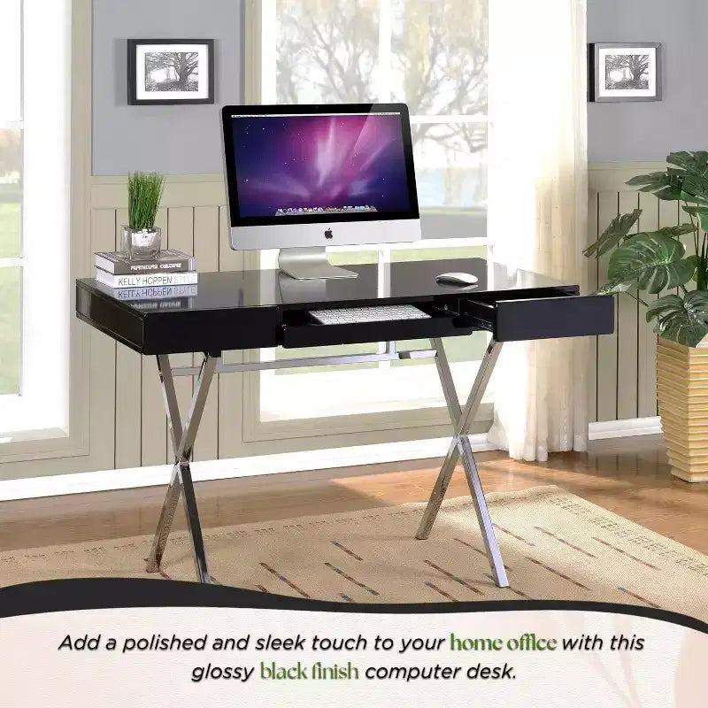 Kings Brand Furniture Logan Bureau à domicile avec tiroirs, tablette coulissante pour clavier et pieds en X – Bureau d'ordinateur, Bureau d'écriture, Bureau
