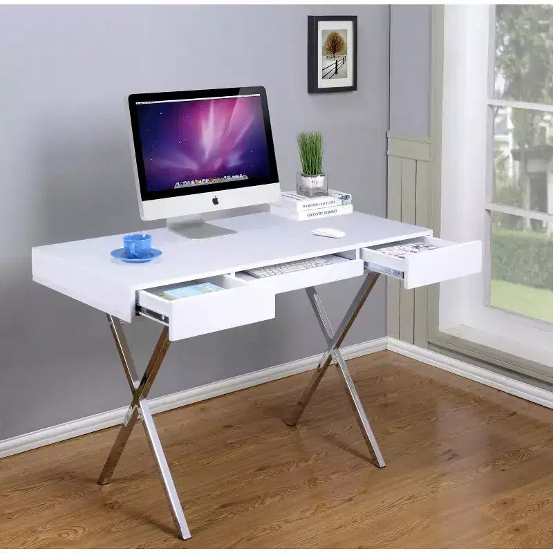 Kings Brand Furniture Logan Bureau à domicile avec tiroirs, tablette coulissante pour clavier et pieds en X – Bureau d'ordinateur, Bureau d'écriture, Bureau