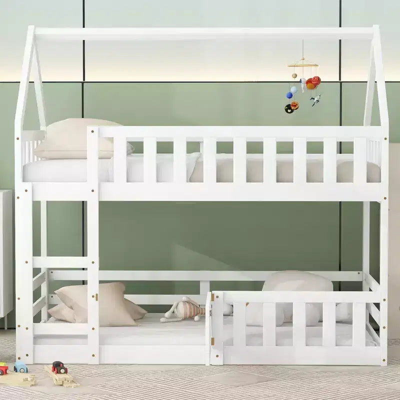 Lit superposé Whisen Wood de taille double avec barrière, porte et échelle