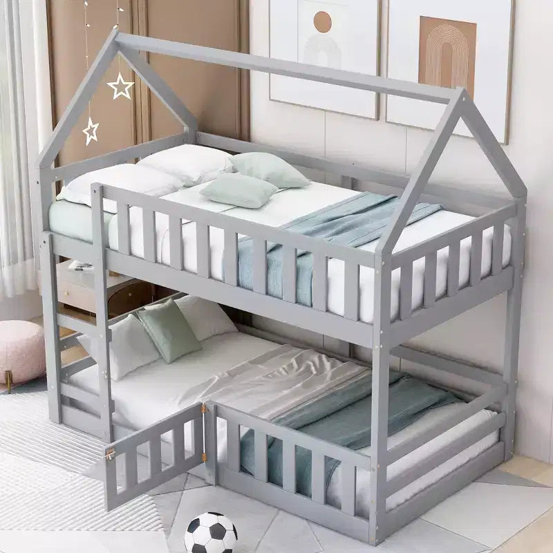 Lit superposé Whisen Wood de taille double avec barrière, porte et échelle