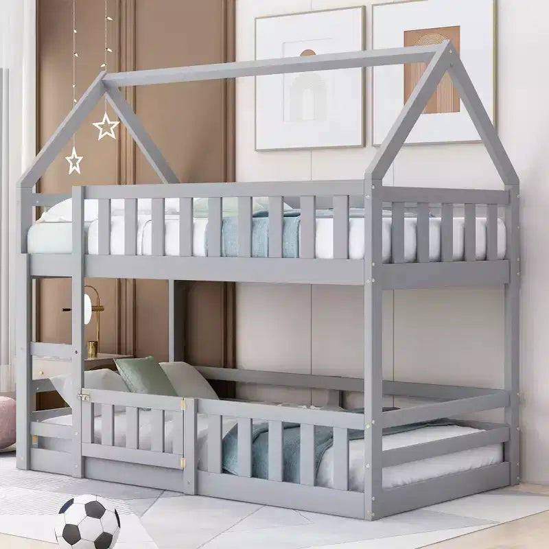 Lit superposé Whisen Wood de taille double avec barrière, porte et échelle