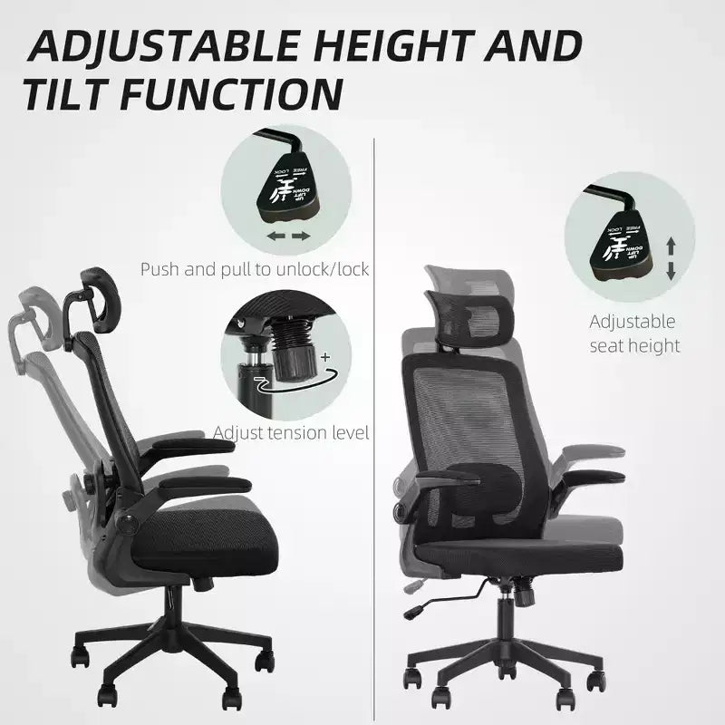Chaise de bureau ergonomique HOMCOM avec accoudoirs relevables, appui-tête et support lombaire réglables, chaise de bureau en maille pour bureau à domicile