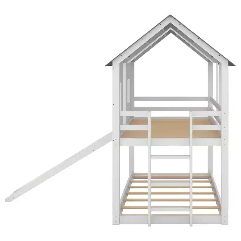 Lit superposé cabane Whisen jumeau sur jumeau avec toboggan et fenêtres - Blanc