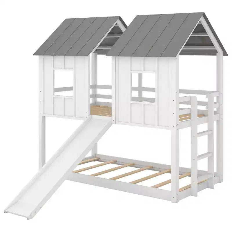 Lit superposé cabane Whisen jumeau sur jumeau avec toboggan et fenêtres - Blanc
