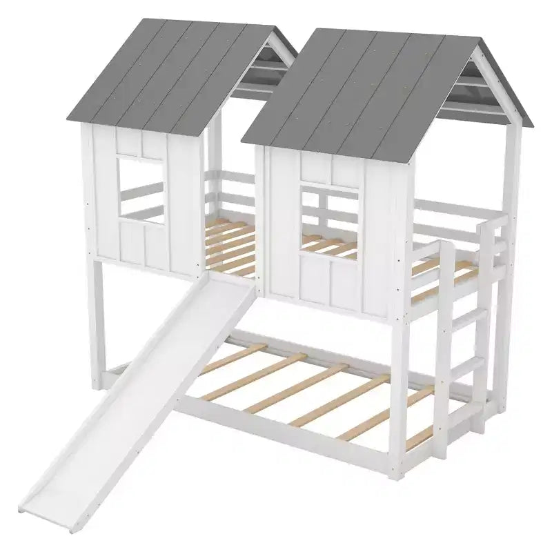 Lit superposé cabane Whisen jumeau sur jumeau avec toboggan et fenêtres - Blanc