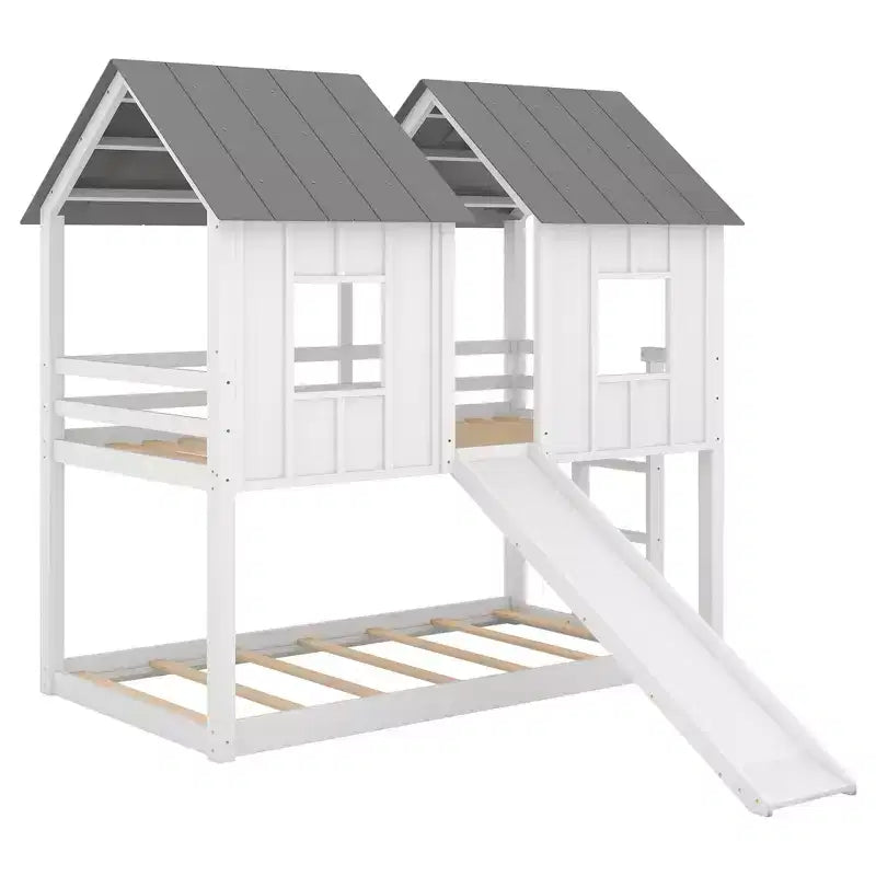 Lit superposé cabane Whisen jumeau sur jumeau avec toboggan et fenêtres - Blanc