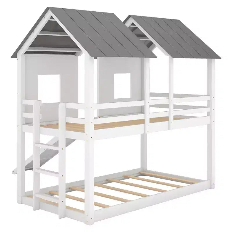 Lit superposé cabane Whisen jumeau sur jumeau avec toboggan et fenêtres - Blanc