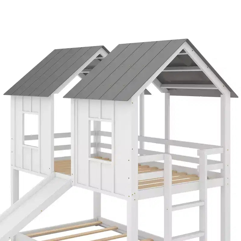 Lit superposé cabane Whisen jumeau sur jumeau avec toboggan et fenêtres - Blanc