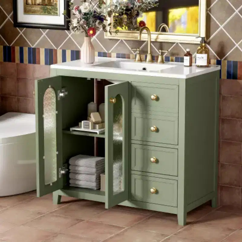Meuble-lavabo de salle de bain de 91 cm avec deux portes à fermeture douce, des étagères réglables et trois tiroirs