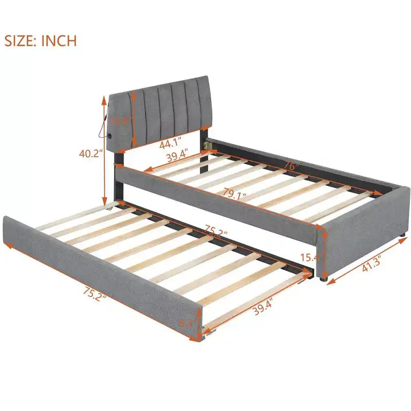 Lit plateforme capitonné jumeau avec lit gigogne escamotable – Conception peu encombrante