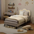 Cadre de lit intelligent LED capitonné pour lits jumeaux avec tête de lit réglable, plateforme en cuir PU pour enfants, beige