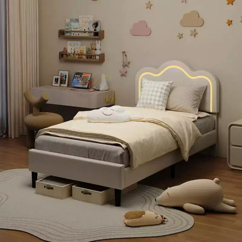 Cadre de lit intelligent LED capitonné pour lits jumeaux avec tête de lit réglable, plateforme en cuir PU pour enfants, beige