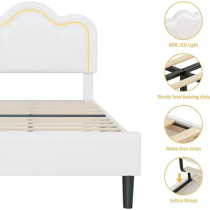 Cadre de lit intelligent LED capitonné pour lits jumeaux avec tête de lit réglable, plateforme en cuir PU pour enfants, beige