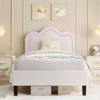 Cadre de lit intelligent LED capitonné pour lits jumeaux avec tête de lit réglable, plateforme en cuir PU pour enfants, beige