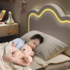 Cadre de lit intelligent LED capitonné pour lits jumeaux avec tête de lit réglable, plateforme en cuir PU pour enfants, beige