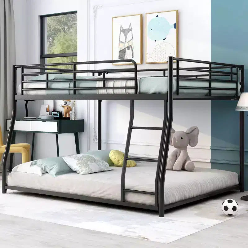 Twin XL over Queen/Full XL over Queen Size Bunk Bed, Metal Floor Bunk Bed, Black - ModernLuxe