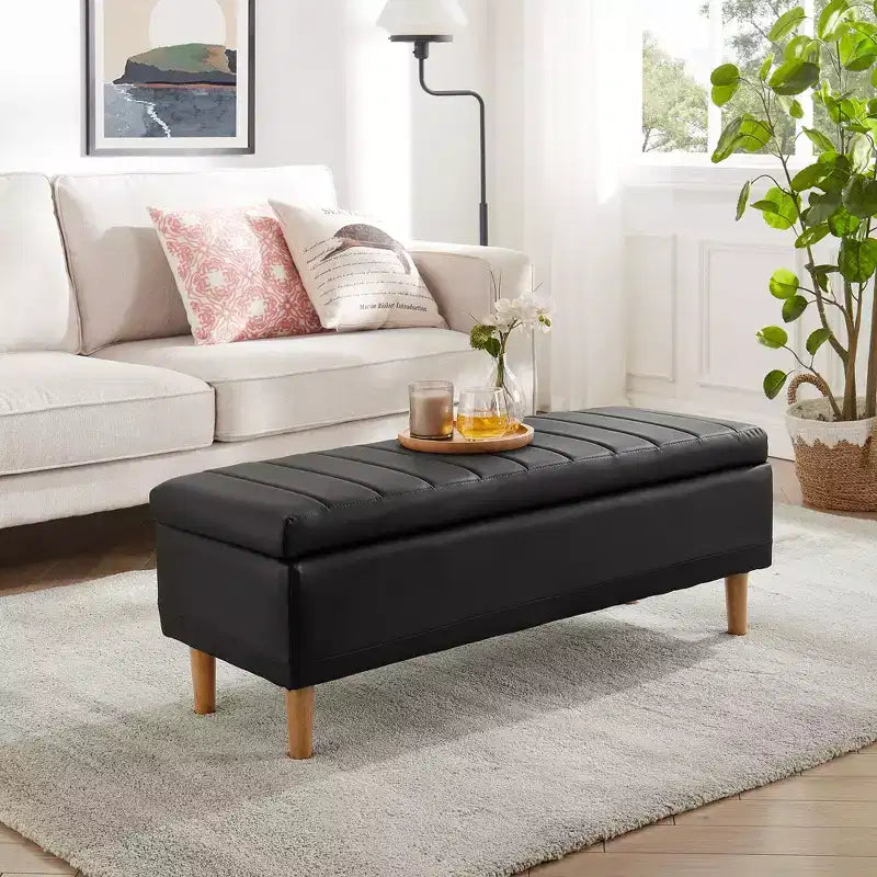 Banc de rangement VECELO moderne en similicuir souple, Ottoman 44 avec espace de rangement profond de 6,1 po pour le salon ou la chambre, facile à nettoyer, Noir