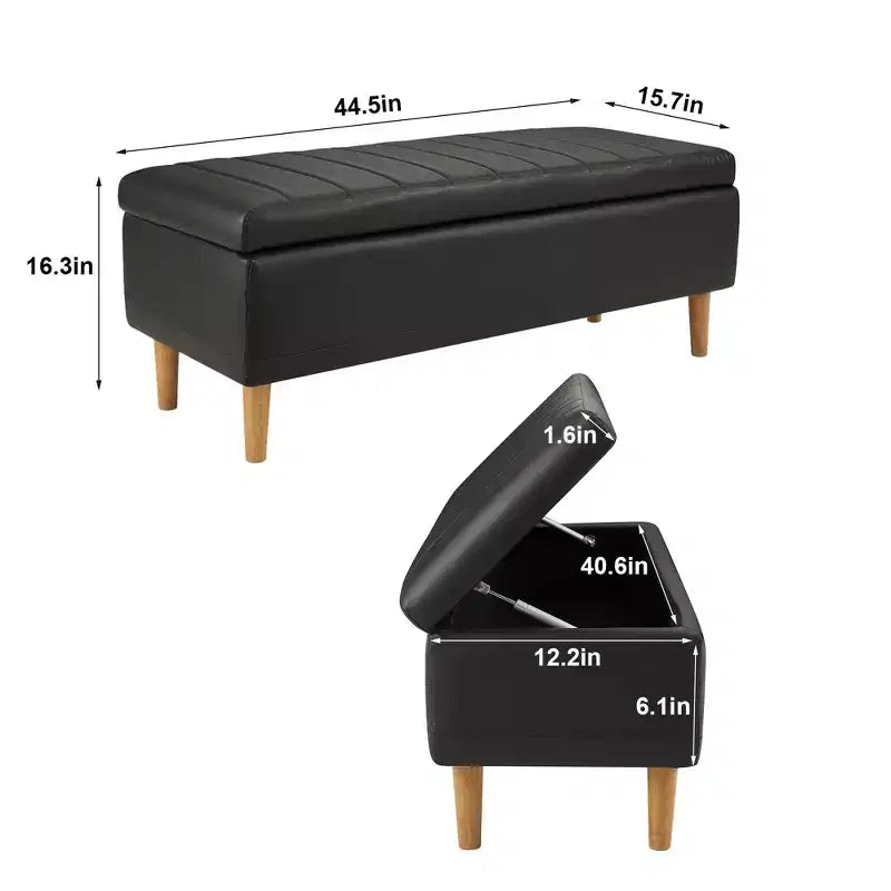 Banc de rangement VECELO moderne en similicuir souple, Ottoman 44 avec espace de rangement profond de 6,1 po pour le salon ou la chambre, facile à nettoyer, Noir