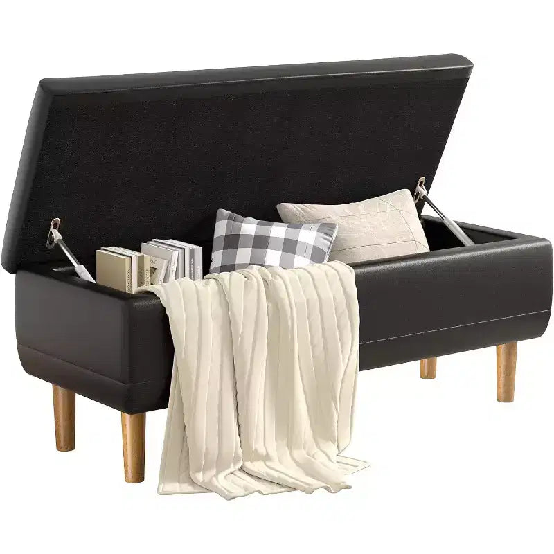 Banc de rangement VECELO moderne en similicuir souple, Ottoman 44 avec espace de rangement profond de 6,1 po pour le salon ou la chambre, facile à nettoyer, Noir