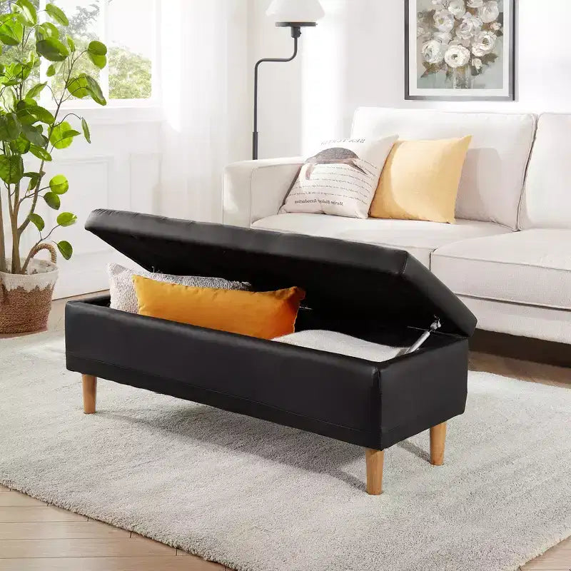 Banc de rangement VECELO moderne en similicuir souple, Ottoman 44 avec espace de rangement profond de 6,1 po pour le salon ou la chambre, facile à nettoyer, Noir
