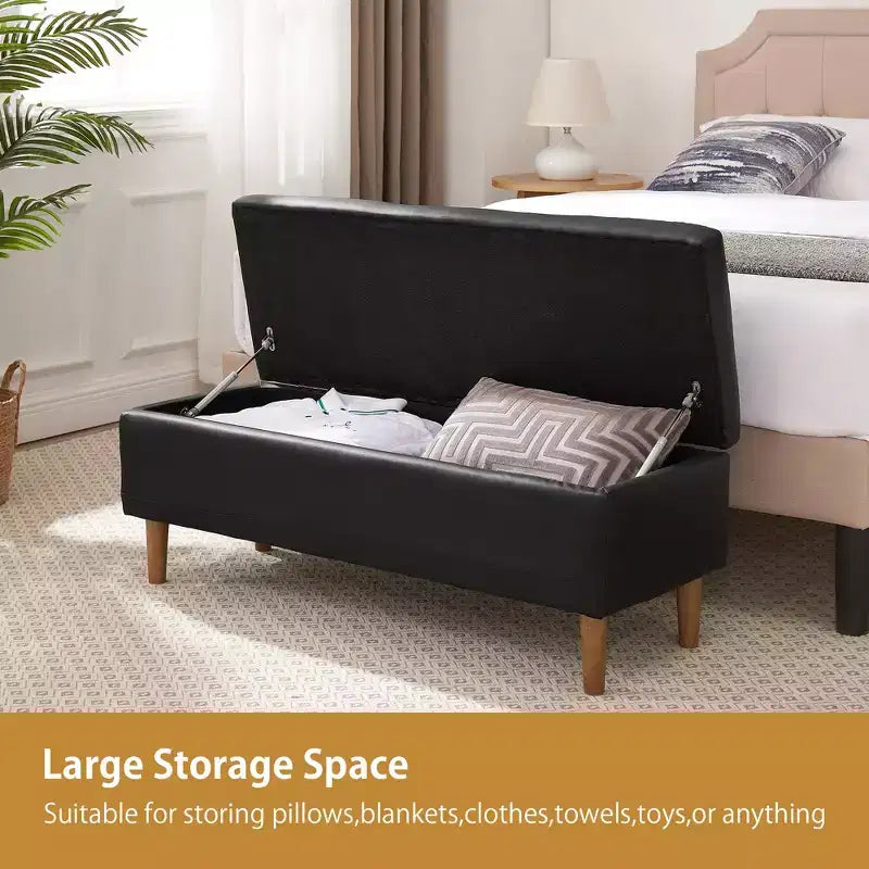 Banc de rangement VECELO moderne en similicuir souple, Ottoman 44 avec espace de rangement profond de 6,1 po pour le salon ou la chambre, facile à nettoyer, Noir