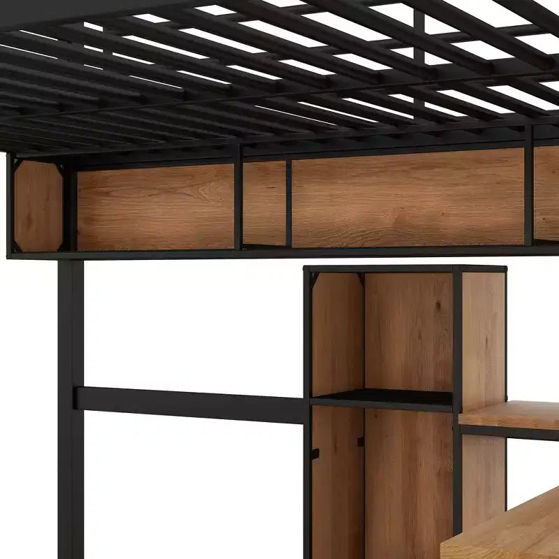 Lit mezzanine pleine grandeur avec bureau en L et étagères, cadre de lit mezzanine en métal et bois, noir et marron - ModernLuxe
