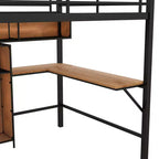 Lit mezzanine pleine grandeur avec bureau en L et étagères, cadre de lit mezzanine en métal et bois, noir et marron - ModernLuxe