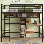 Lit mezzanine pleine grandeur avec bureau en L et étagères, cadre de lit mezzanine en métal et bois, noir et marron - ModernLuxe