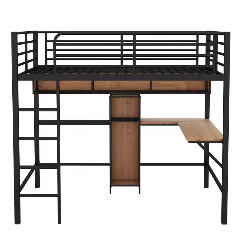 Lit mezzanine pleine grandeur avec bureau en L et étagères, cadre de lit mezzanine en métal et bois, noir et marron - ModernLuxe