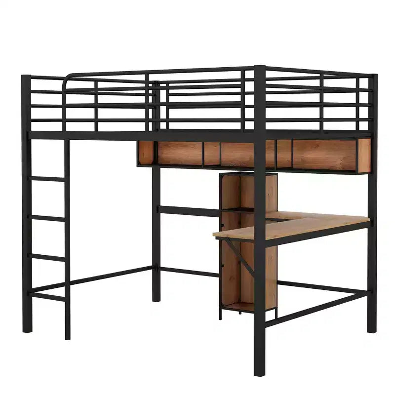 Lit mezzanine pleine grandeur avec bureau en L et étagères, cadre de lit mezzanine en métal et bois, noir et marron - ModernLuxe