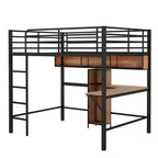 Lit mezzanine pleine grandeur avec bureau en L et étagères, cadre de lit mezzanine en métal et bois, noir et marron - ModernLuxe