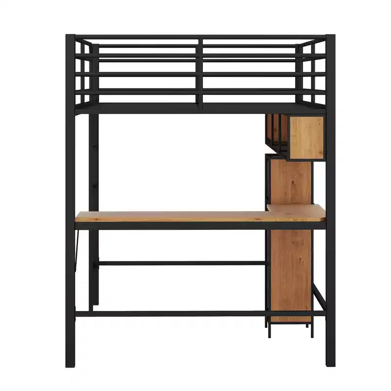 Lit mezzanine pleine grandeur avec bureau en L et étagères, cadre de lit mezzanine en métal et bois, noir et marron - ModernLuxe