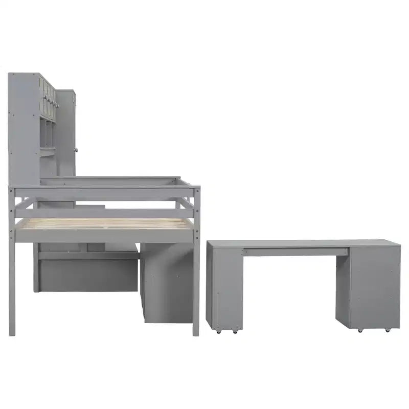 Lit mezzanine Whisen 108.2L x 42W au design moderne avec armoire, bureau, tiroirs et étagères