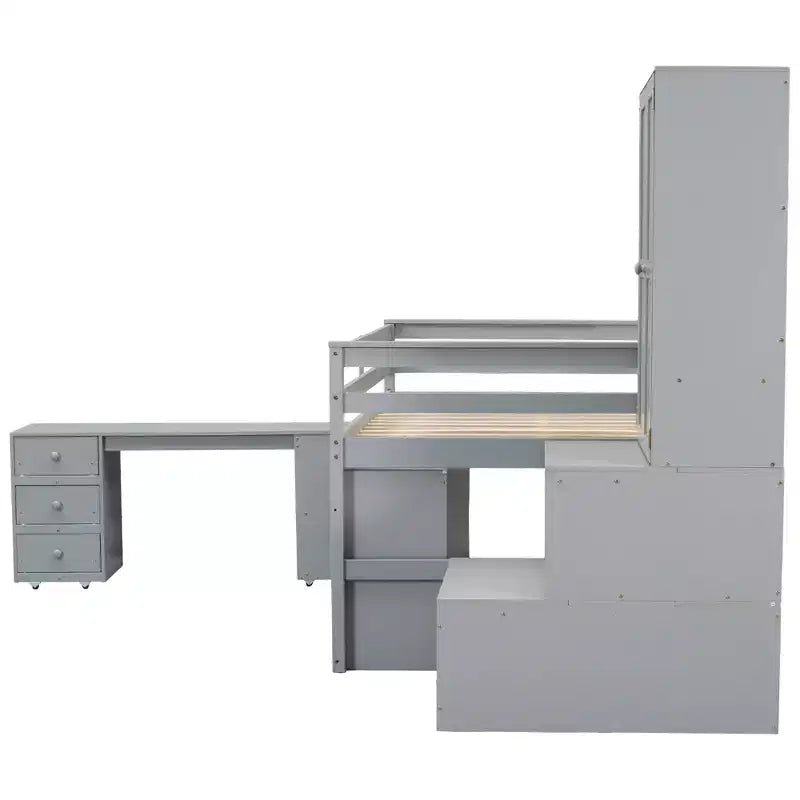 Lit mezzanine Whisen 108.2L x 42W au design moderne avec armoire, bureau, tiroirs et étagères