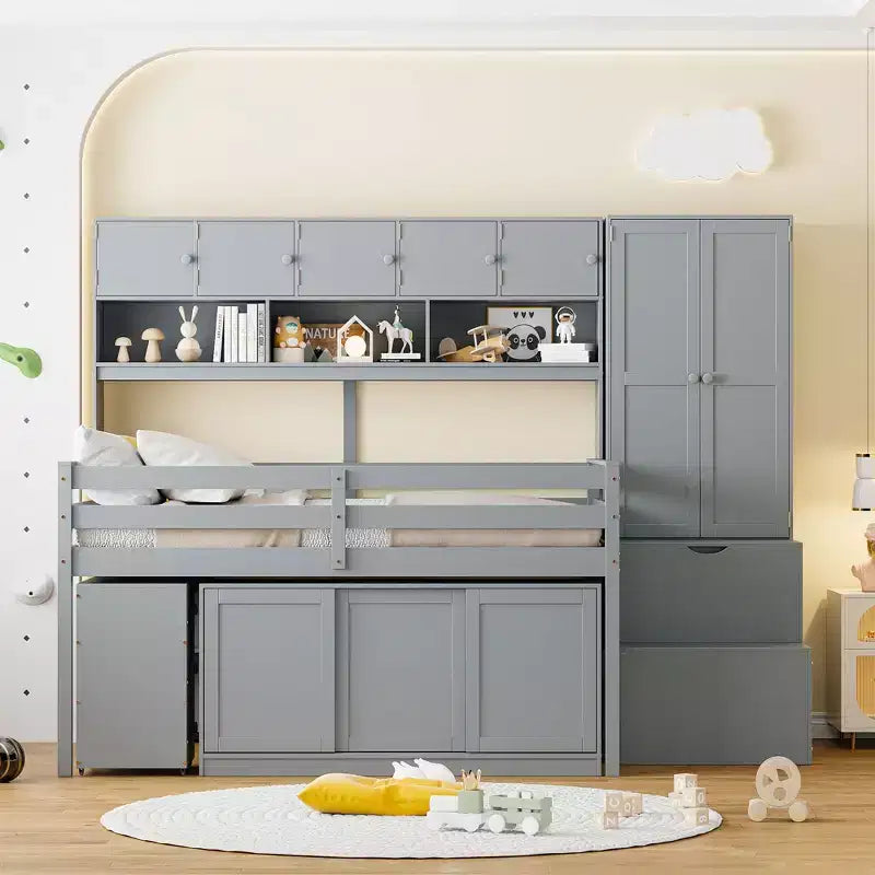 Lit mezzanine Whisen 108.2L x 42W au design moderne avec armoire, bureau, tiroirs et étagères