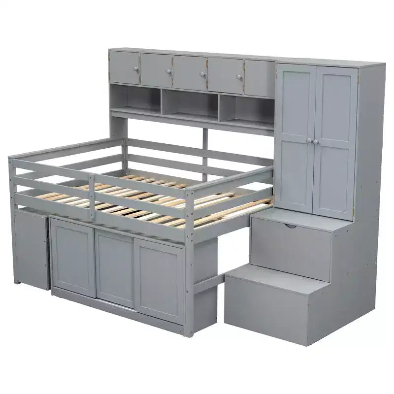 Lit mezzanine Whisen 108.2L x 42W au design moderne avec armoire, bureau, tiroirs et étagères