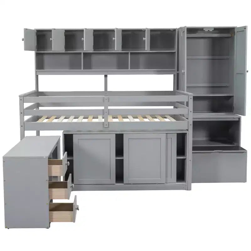 Lit mezzanine Whisen 108.2L x 42W au design moderne avec armoire, bureau, tiroirs et étagères