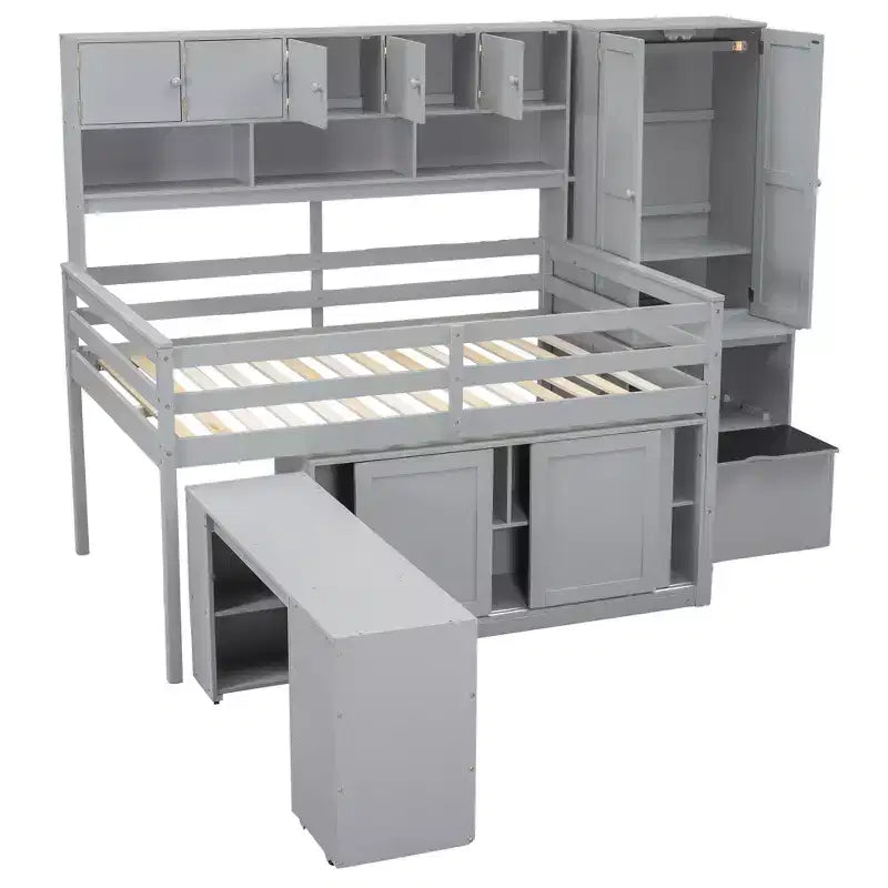 Lit mezzanine Whisen 108.2L x 42W au design moderne avec armoire, bureau, tiroirs et étagères