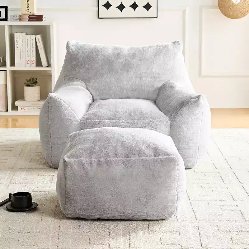Mjkone Pouf moderne, grand pouf en similicuir de lapin avec ottoman